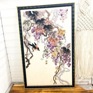 Vintage Framed Floral Needlepoint: Bird & Grape Embroidery Wall Art
